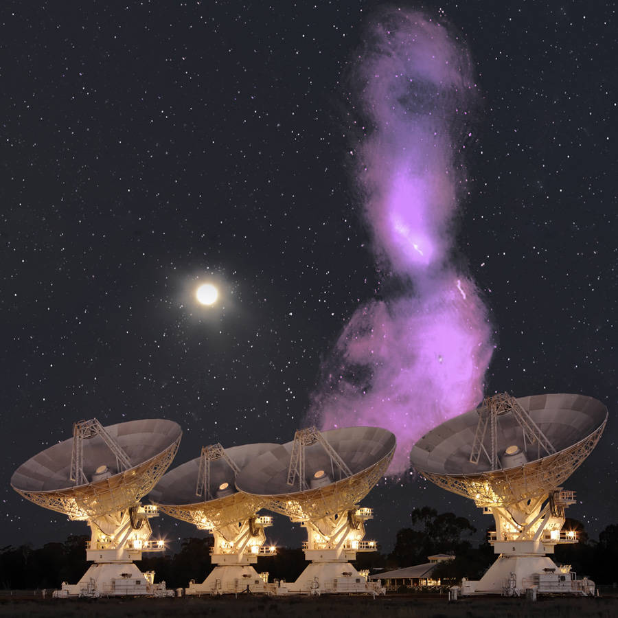 Centaurus Radio Jets Rising | Credit: Ilana Feain, Tim Cornwell & Ron Ekers (CSIRO/ATNF); ATCA northern middle lobe pointing courtesy R. Morganti (ASTRON); Parkes data courtesy N. Junkes (MPIfR); ATCA & Moon photo: Shaun Amy, CSIRO | click on image for further information