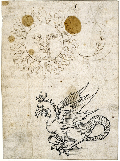 Dibujo del Sol, la Luna y un basilisco como ilustración para el concepto de 'Eternidad'. Se encuentra en la parte de atrás de una traducción de Horapollo de 'Hieroglyphica' de Pirckheimer, amigo de Albert Dürer | pulse en la imagen para más información  