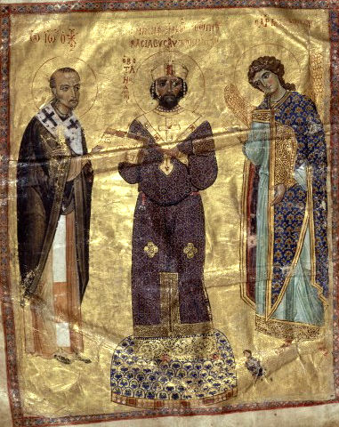 Emperador Nicéforus III recibe un libro de sermones de John Chrysostom, el arcángel Miguel a su izquierda. Fecha: 1074 y 1081, Biblioteca Nacional de Franica, Manuscrito Coislin 79 folio 2 verso