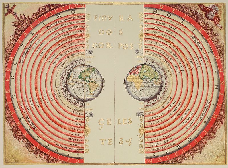 Ilustración iluminada de la concepción geocéntrica del universo de Ptolomeo por el cosmógrafo y cartógrafo portugués Bartolomeu Velho (?-1568)