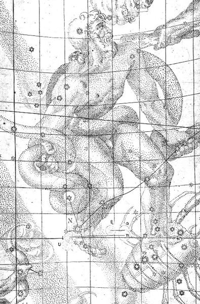 Dibujo de Kepler mostrando la ubicación de la Supernova 1604 en el pie derecho de Ophiuchus