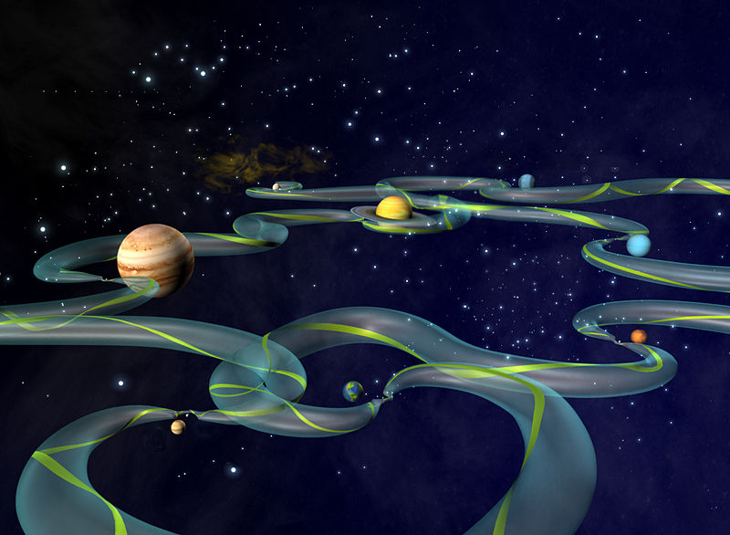 Artist's concept of the Interplanetary Transport Network. The green ribbon represents one possible path from among the infinite number possible within the larger bounding tube. Constricted areas represent locations of Lagrange points.